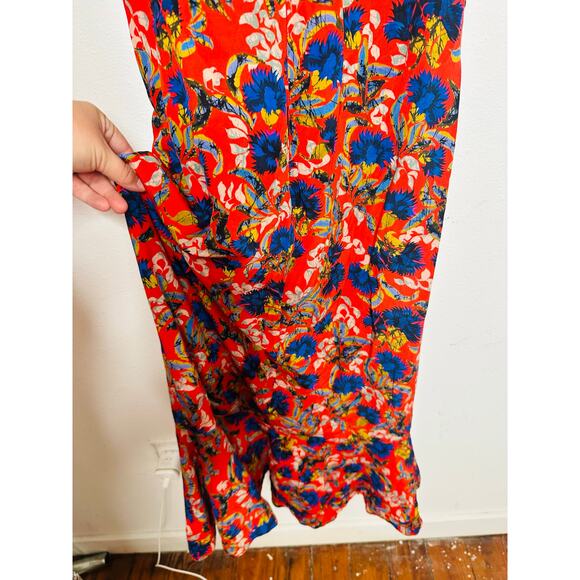 SALONI Red Floral Flame Azalea Olivia Tie-Waist 100% Silk Ruched Ruffles Dress 6 - Picture 7 of 16